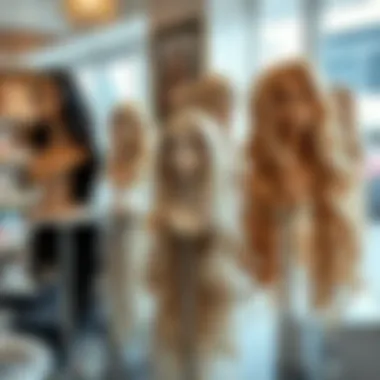 Luxurious Hair Wig Collection A variety of luxurious hair wigs displayed elegantly on a stand