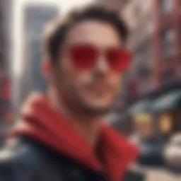 A stylish individual wearing red tinted glasses in an urban setting