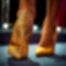 Close-up view of shimmering gold glitter pumps