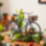 A beautifully arranged tabletop featuring a vintage bicycle decor piece surrounded by plants.