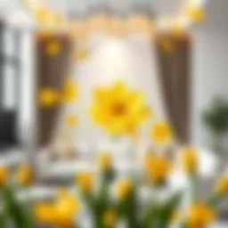 A vibrant yellow flower wall decal in a modern living room setting