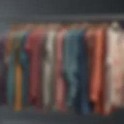 A collection of vibrant long flowy plus size tops hanging on a display rack.