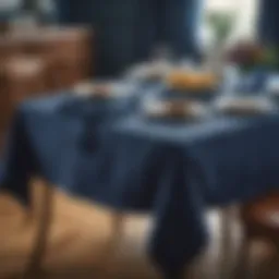 Elegant navy blue flannel backed vinyl tablecloth draping a beautifully set dining table