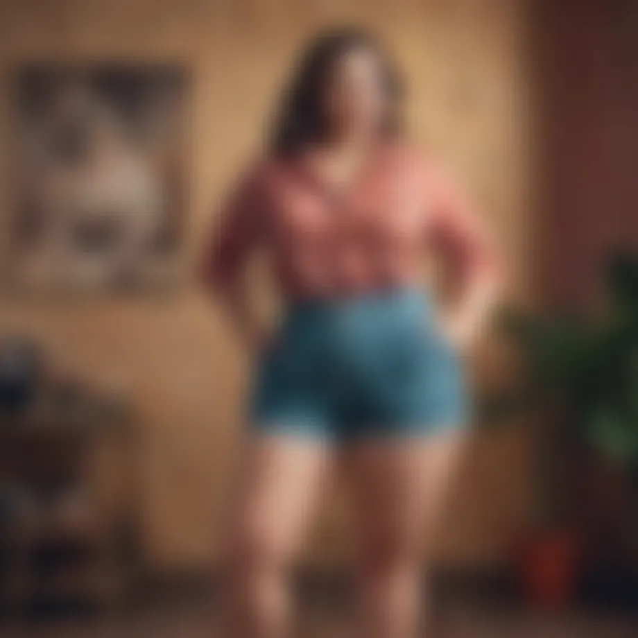 A stylish plus size vintage short outfit displayed against a retro backdrop