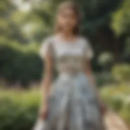 Elegant long skirt paired with a matching top in a garden setting