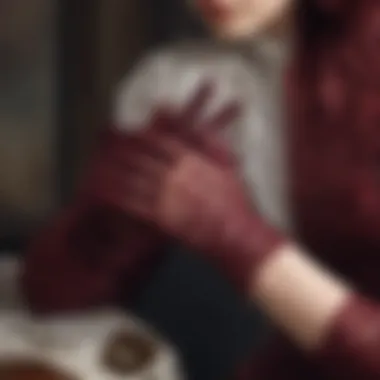 Craftsmanship of Burgundy Lace Gloves Intricate details of burgundy lace gloves showcasing craftsmanship