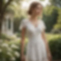 Elegant white lace sun dress displayed in a serene garden setting