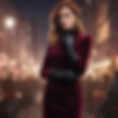 Casual look incorporating velvet dress and stylish gloves