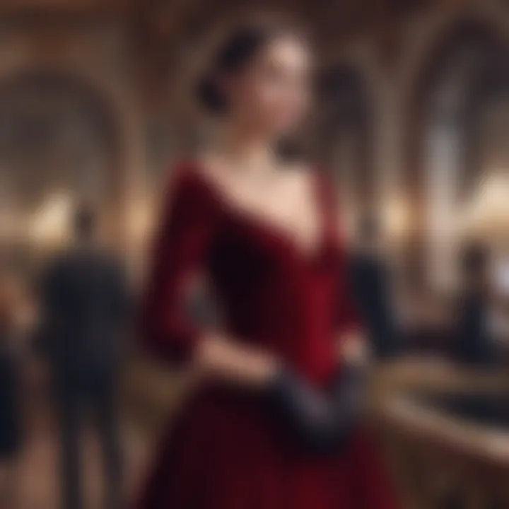 A sophisticated ensemble featuring velvet dress at a formal event